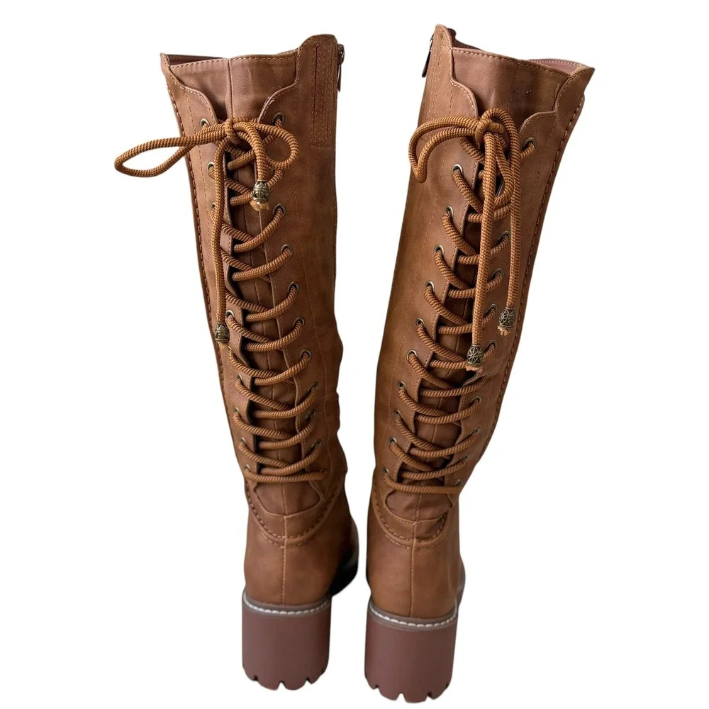 Forever Womens Knee High Combat Boots Brown Lace Up Lug Sole Side Zip Size 6
